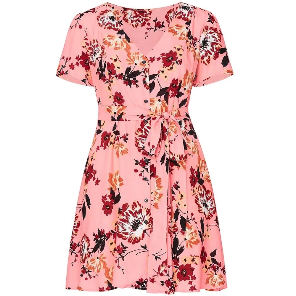 City Chic Botanical Button Front Tie Waist Short Sleeve Women Plus Size Dress 18